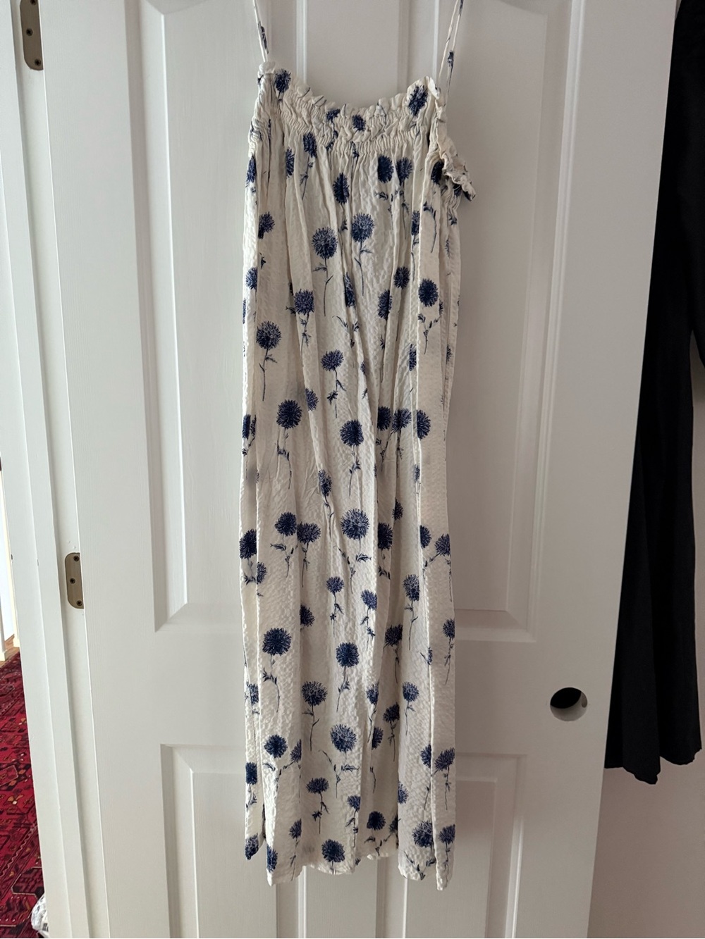 H&M Cream Floral Smocked Midi Tank Dress with Blue Flowers - Size Small